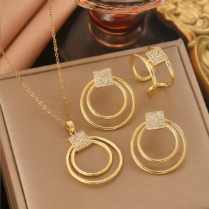 Conjunto  de Lujo Dorado retro Frances: Collar, aretes y anillo